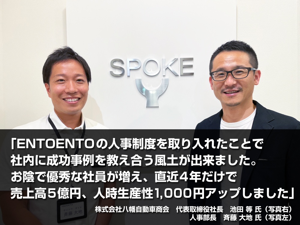 「ENTOENTOの人事制度を取り入れたことで社内に成功事例を教え合う風土が出来ました。お陰で優秀な社員が増え、直近4年だけで売上高5億円、人時生産性1,000円アップしました」株式会社八幡自動車商会様